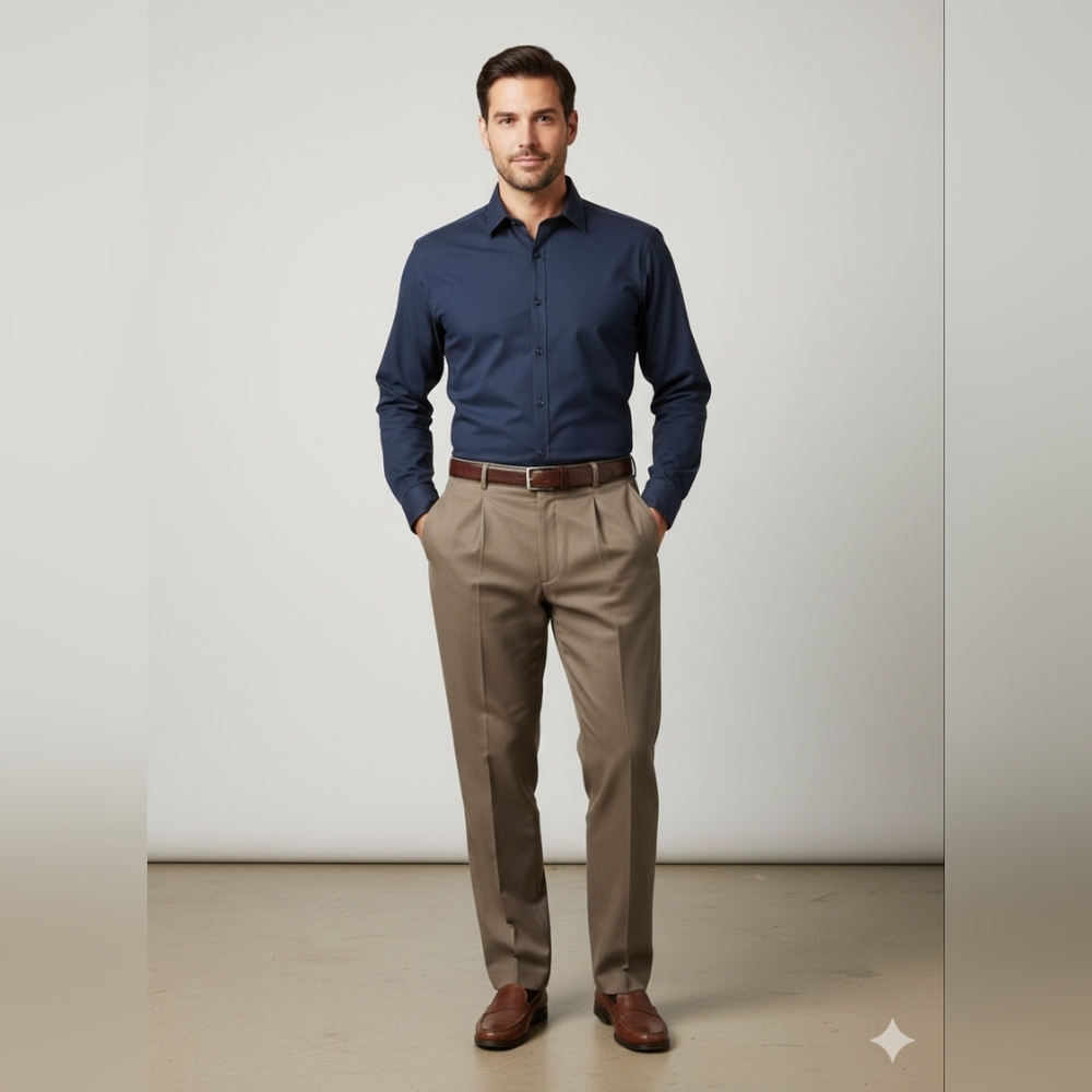 Haggar Men's Dress Pants in Khaki with Brown Belt